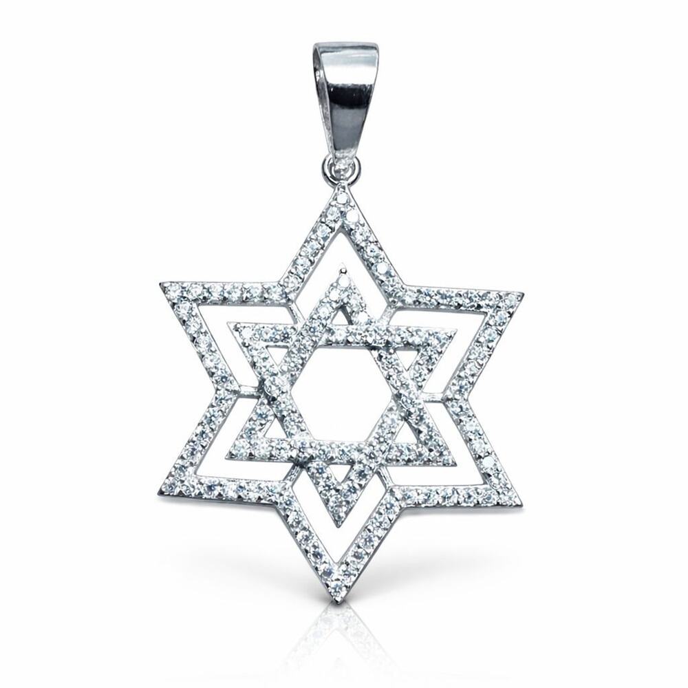 925 Sterling Silver Large CZ Double Jewish Star of David Pendant 39mm 1.5"